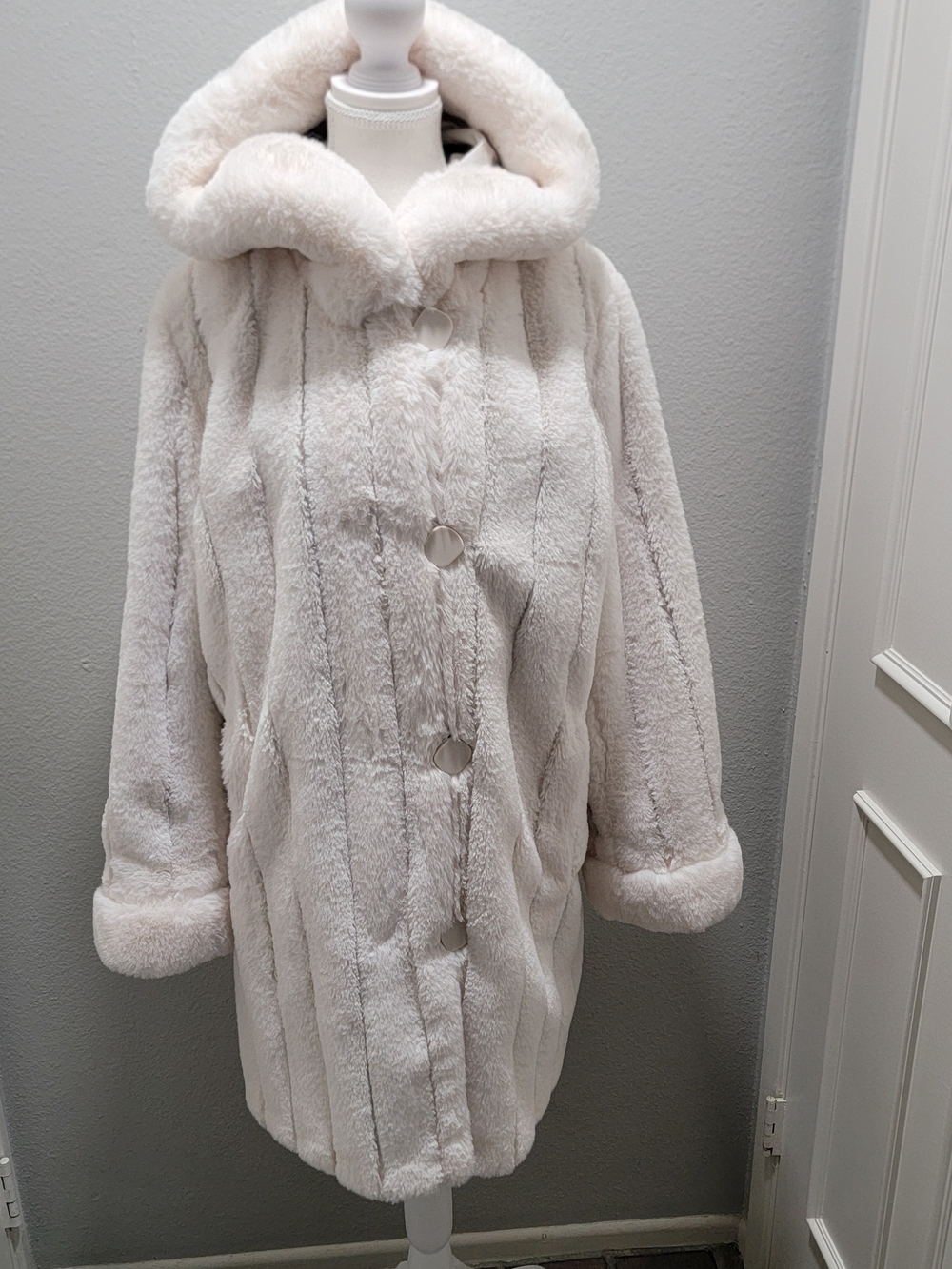 Joseph Ribkoff Cream Plush Hooded Reversible Coat